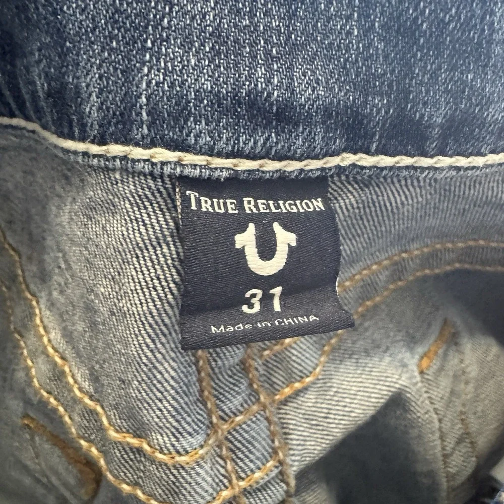 True Religion Frayed‎ Finn Slim Tapered Zippered Ankles Distressed Blue Jeans 31